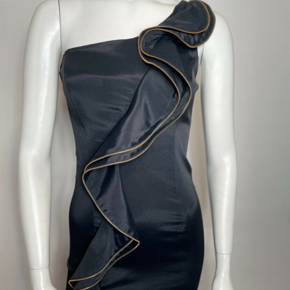 CACHE One Shoulder Zipper Detail‎ Ruffle Black Satin Mini Dress